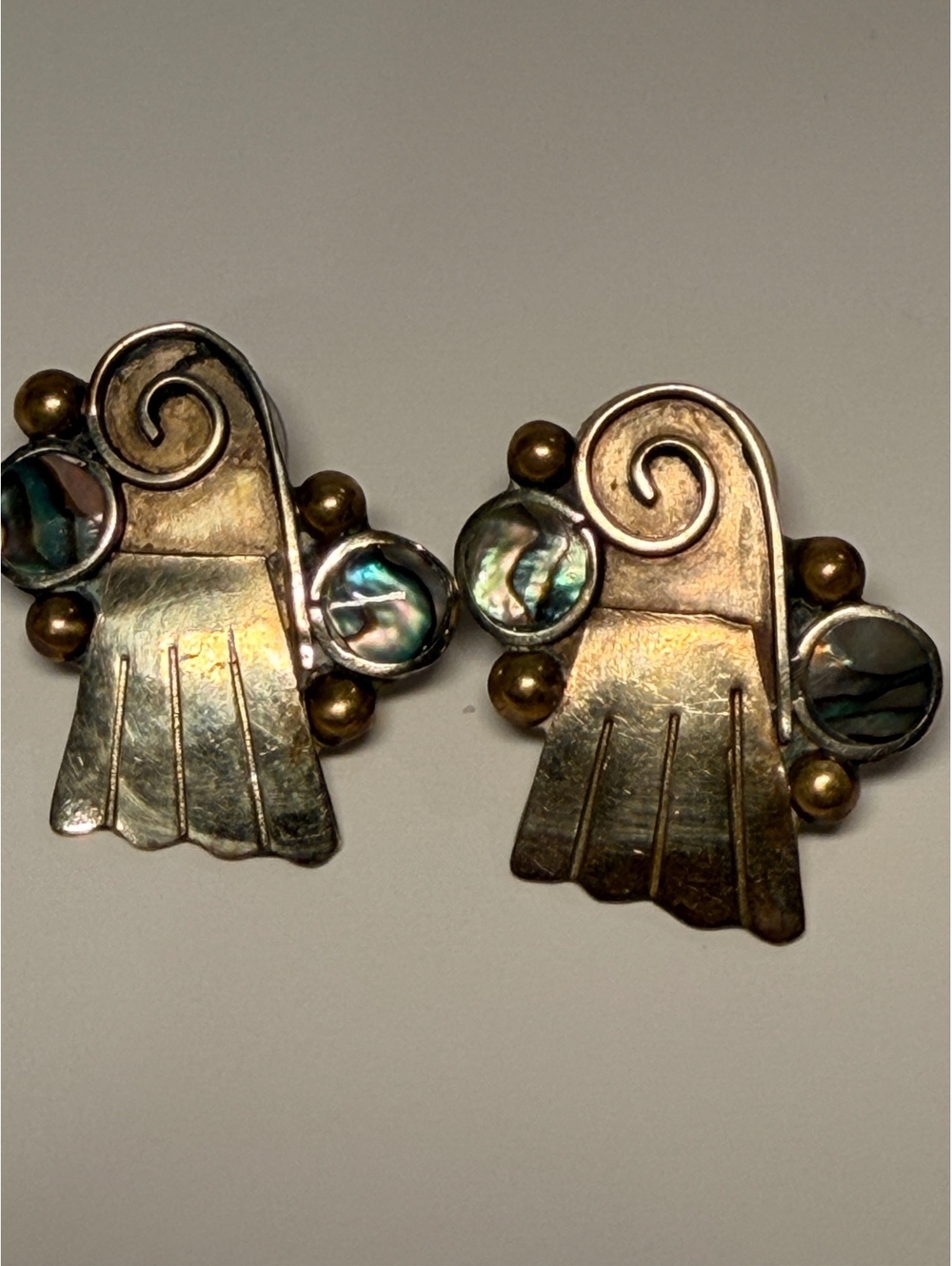 Vintage Mexico Sterling Abalone Spiral Post Earrings with Brass Accents